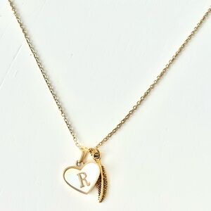 Initial Letter Necklace. R. Gold Heart and Feather 14k Gold Plated